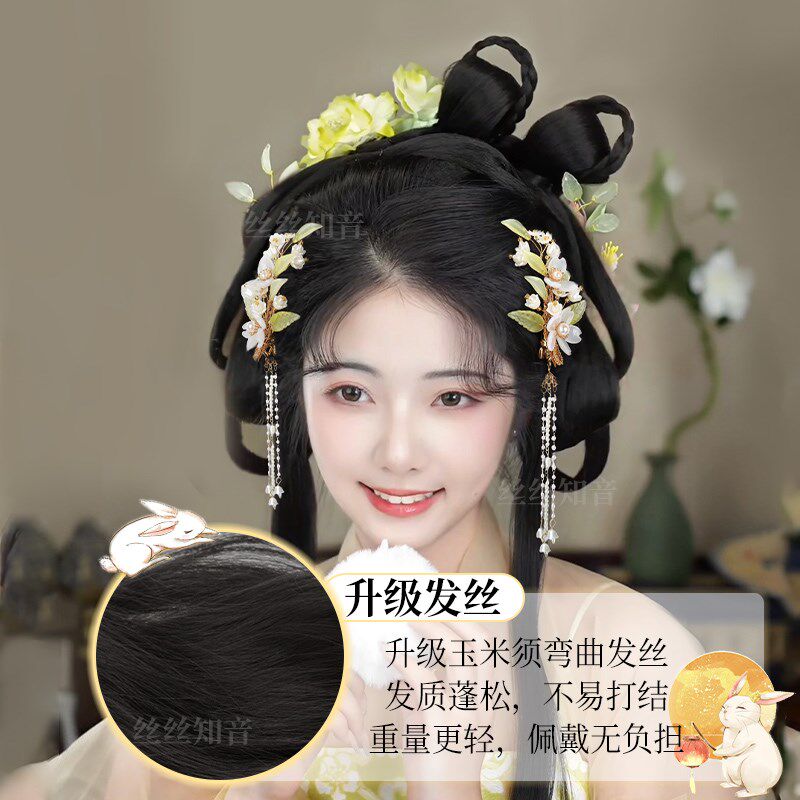 汉服假发一体式玉兔发髻古风发型全套头饰中秋古装造型盘发丸子头