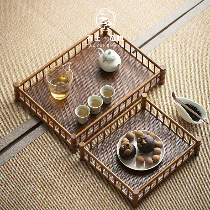 日式竹藤编席面茶盘托盘家用简约竹制收纳盘奉茶盘功夫茶具配件