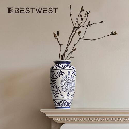 甄选Best west 新中式复古青花瓷陶瓷花摆件家居级感花器装饰品