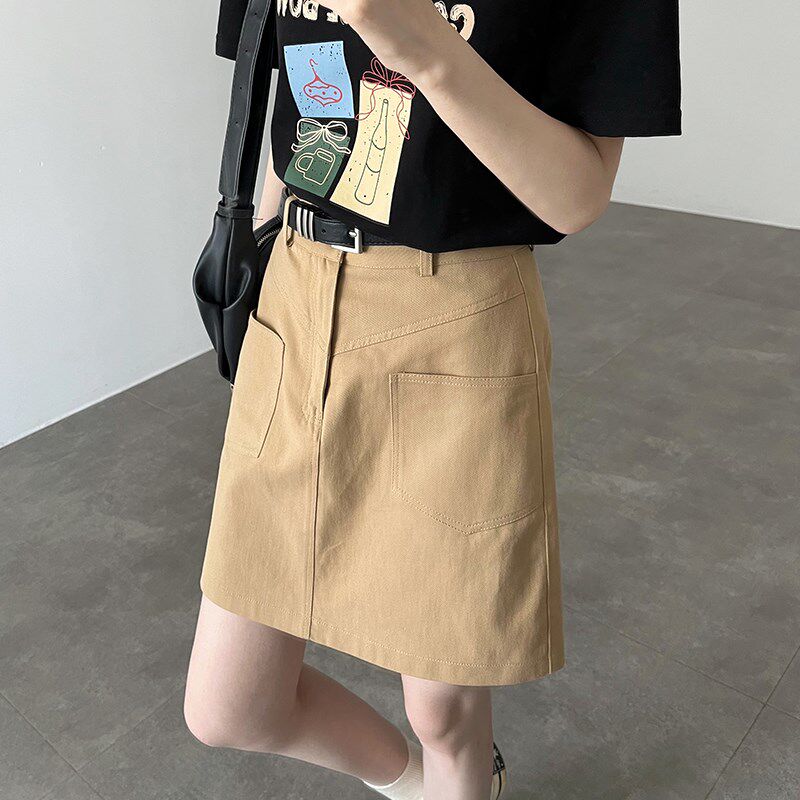 卡其色工装短裙女2024新款夏季高腰a字复古休闲小个子短款半身裙