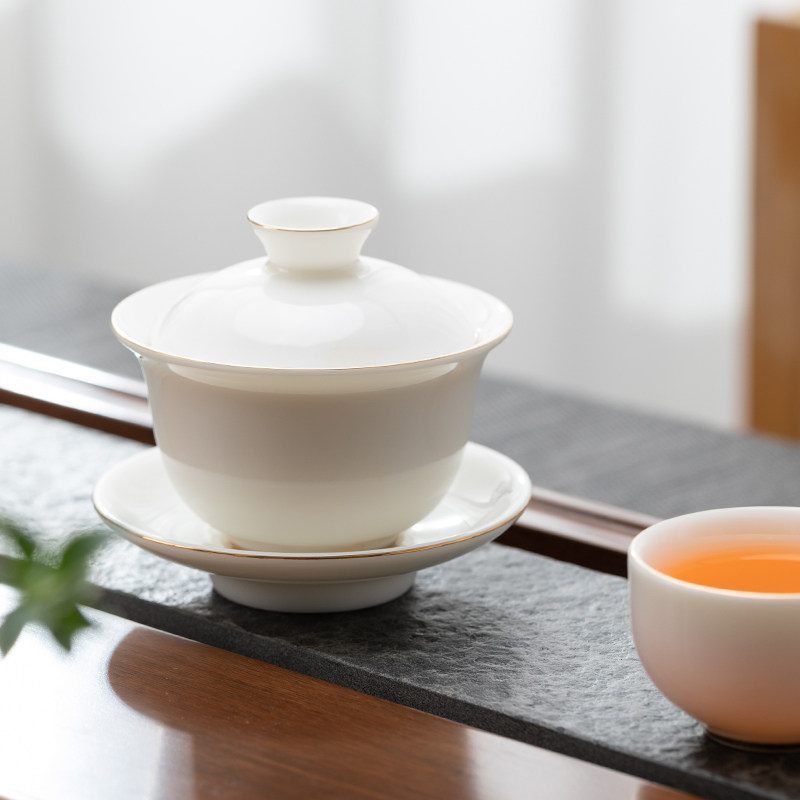 一品仟堂南初白瓷三才盖碗单个德化羊脂玉薄胎茶碗泡茶茶具轻奢子