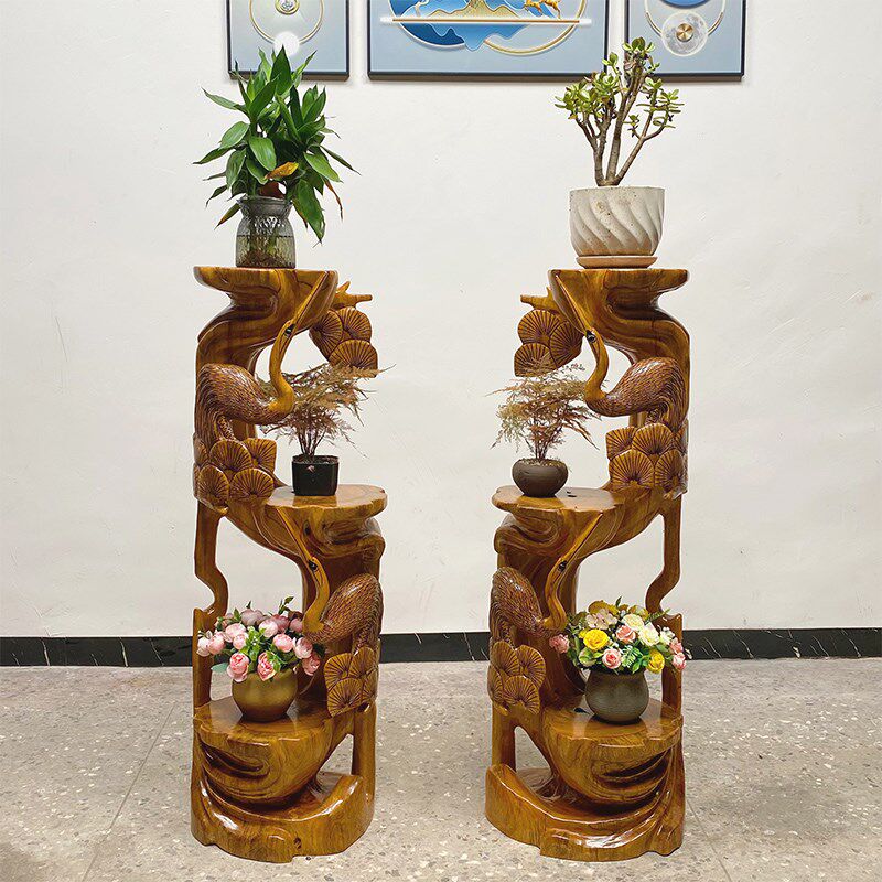 香樟木根雕松鹤延年花架客厅树根木雕摆件实木天然原木底座多款