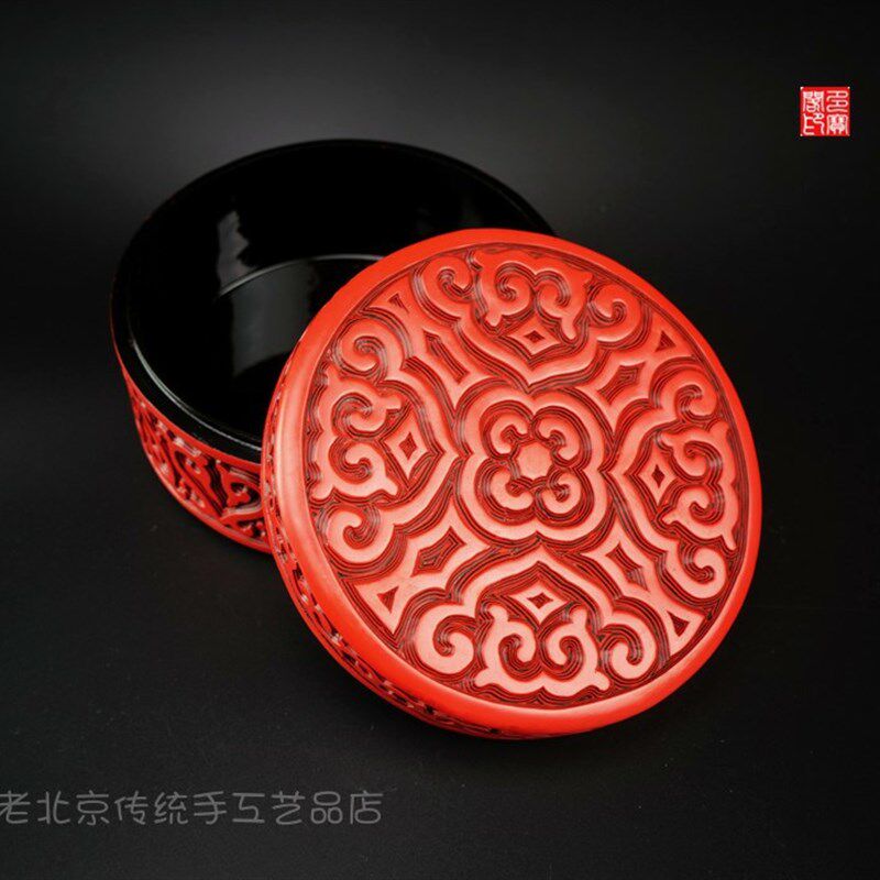 燕京八绝特色礼品非遗老货天然大漆漆器剔红纯手工老雕漆捧盒摆件