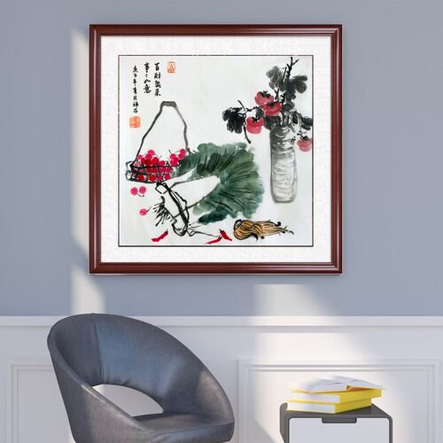 国画葫芦图新中式手绘客厅沙发背景玄关餐厅装饰挂画富贵牡丹花鸟
