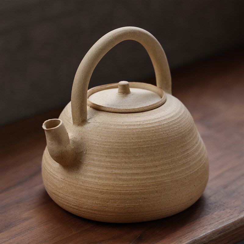 手工白泥陶壶砂铫 粗陶茶具炭炉侧把煮茶壶 白茶急须壶玉书煨提梁