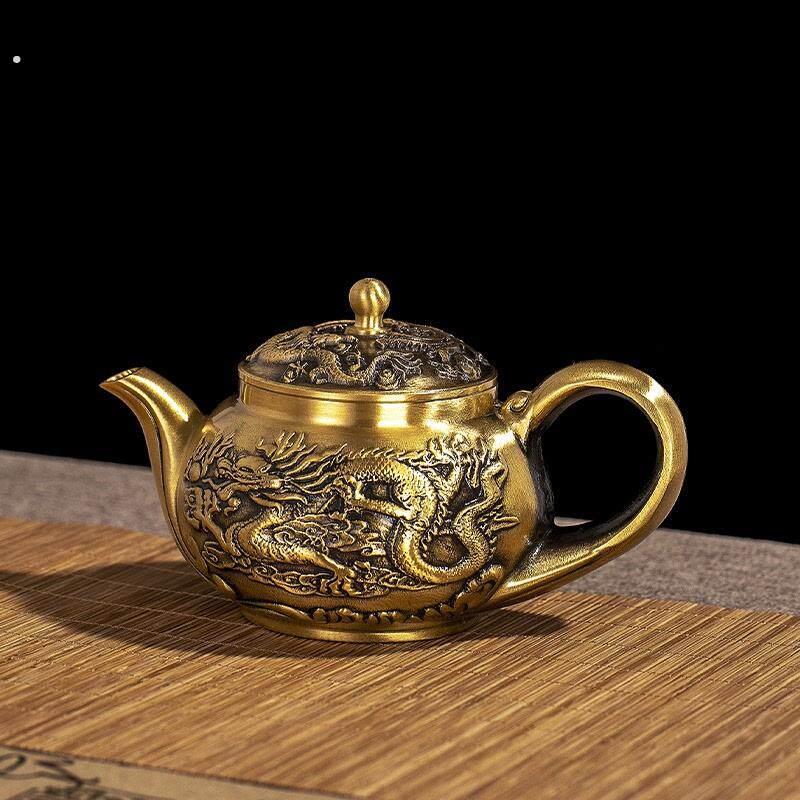 龙凤大茶壶高品质礼盒龙纹茶壶复古铜酒壶黄铜工艺品百福壶摆件