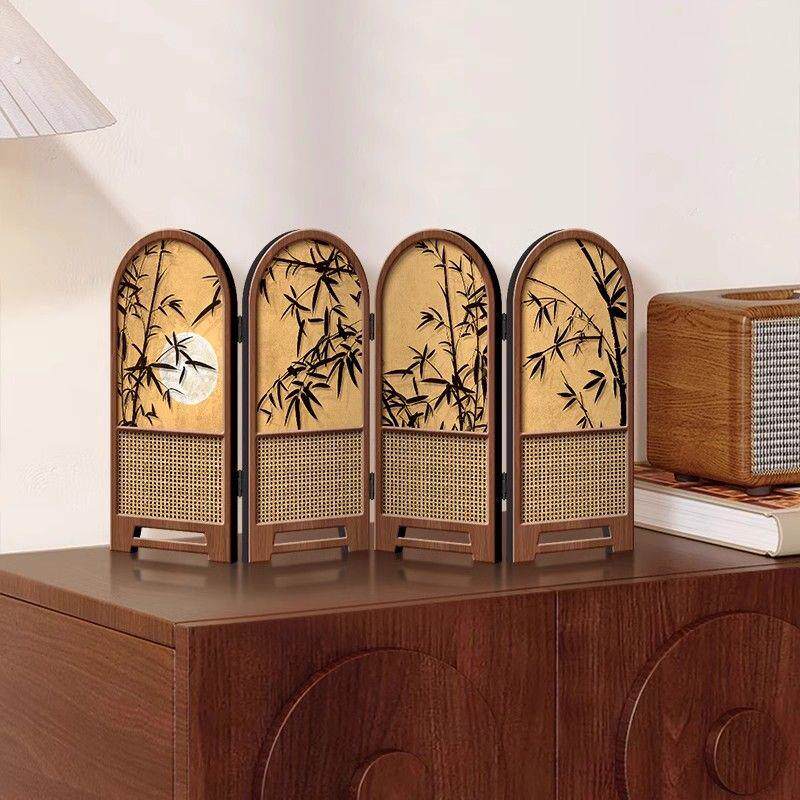 小屏风摆件中古风竹子新款桌面摆台画折叠折屏高级感电视柜装饰画