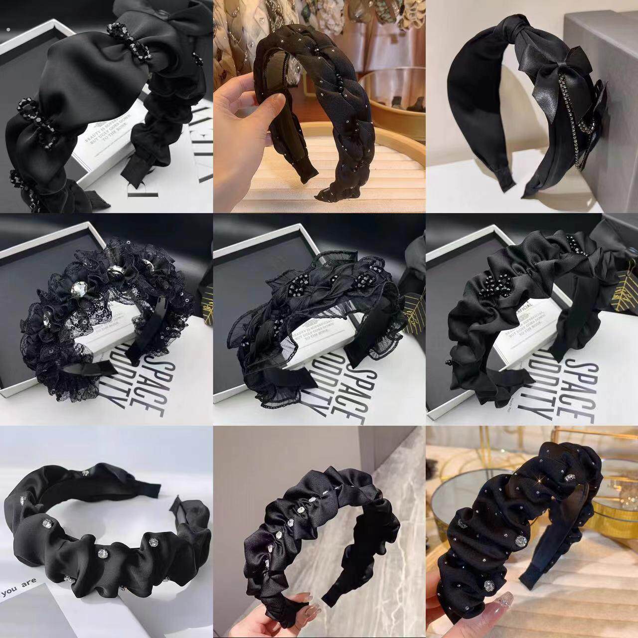 赵露思同款黑色发箍褶皱高颅顶闪钻法式发捆复古洗脸头箍网红发卡