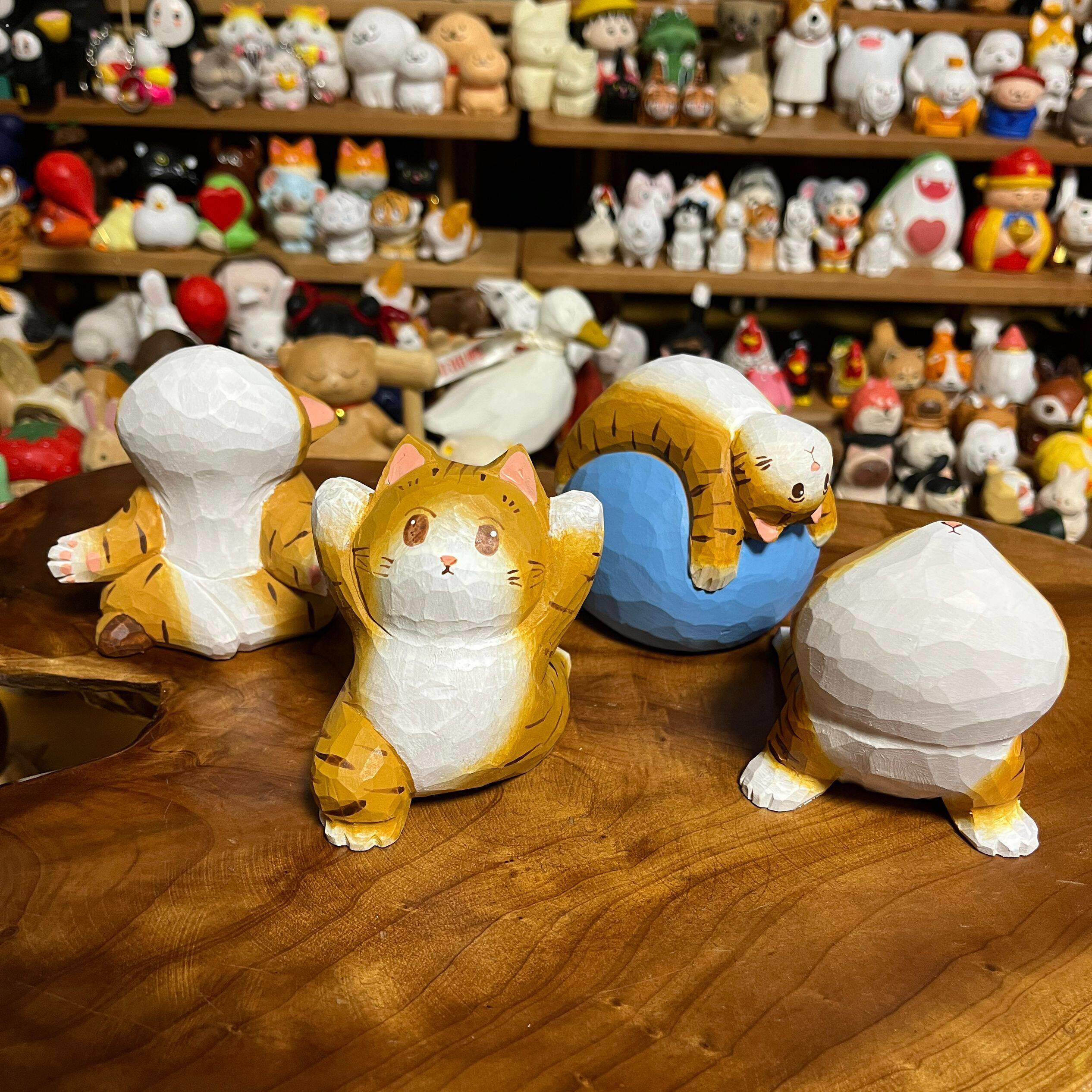 “瑜伽猫”小猫摆件手工木雕可爱猫咪桌面小摆件