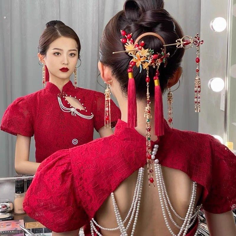 新中式订婚盘发头饰中式新娘秀禾红色头饰后压流苏古装发簪民族风