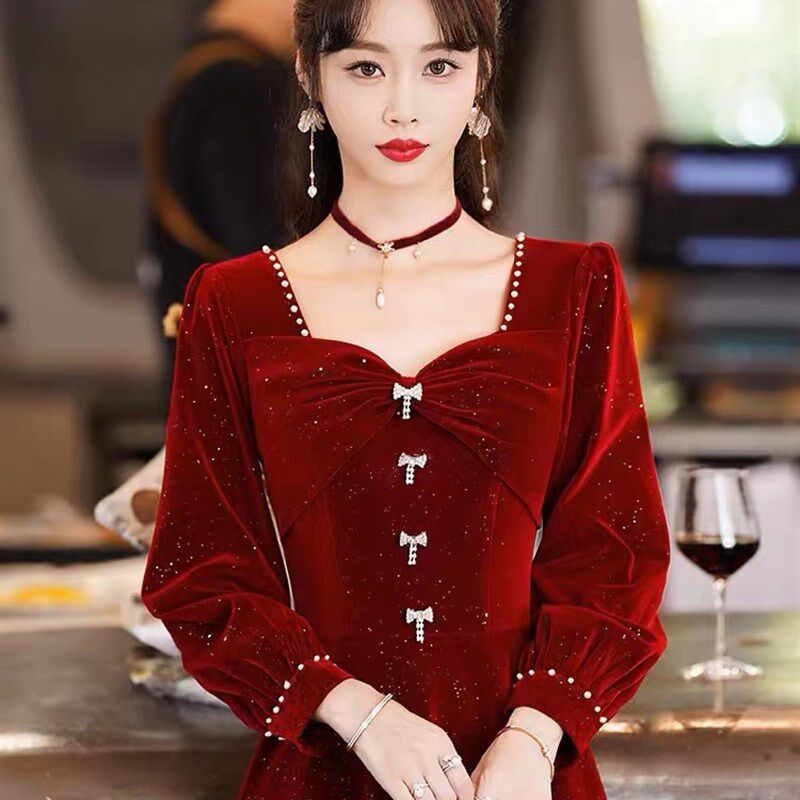 大码冬季敬酒服新娘红色礼服女高级感裙子订婚连衣裙长袖平时可穿