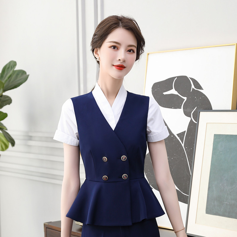 条纹双排扣马甲套装女外套美容美发制服工装短款马夹背心职业西装