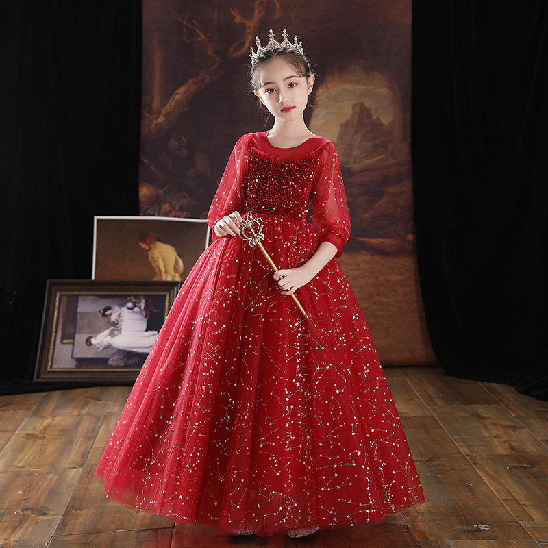 女大童大码高端红色新年礼服公主裙婚纱裙蓬蓬纱主持人钢琴演出服