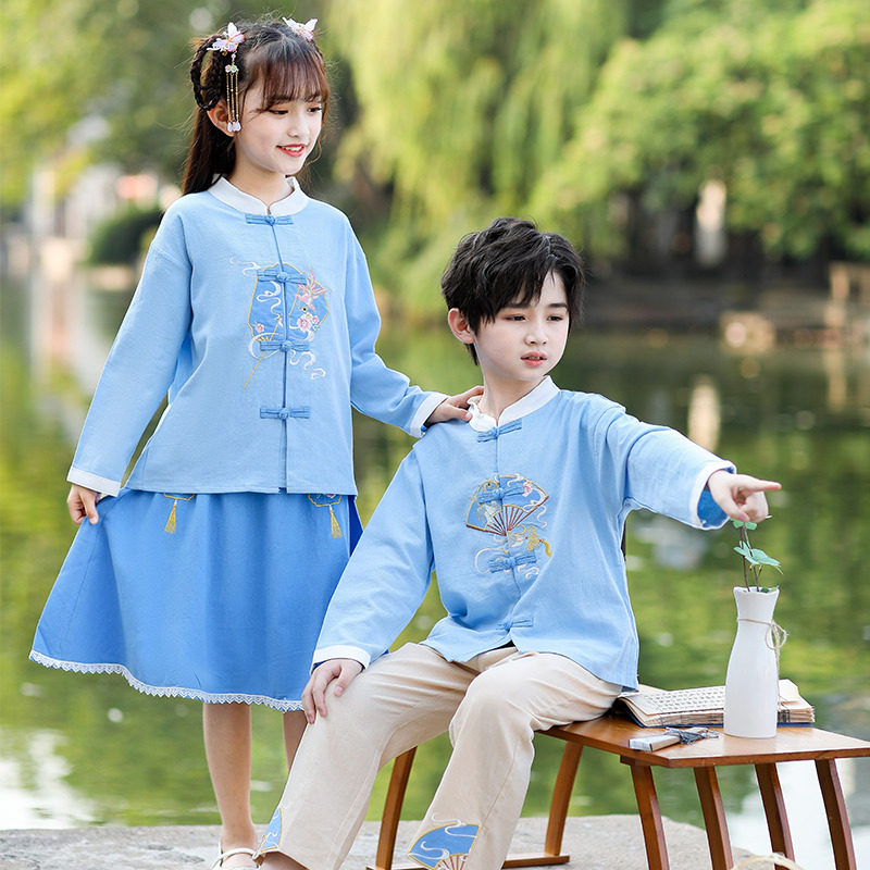 儿童春秋季复古套装班服中国风三月三古装汉服男女龙凤国庆表演服
