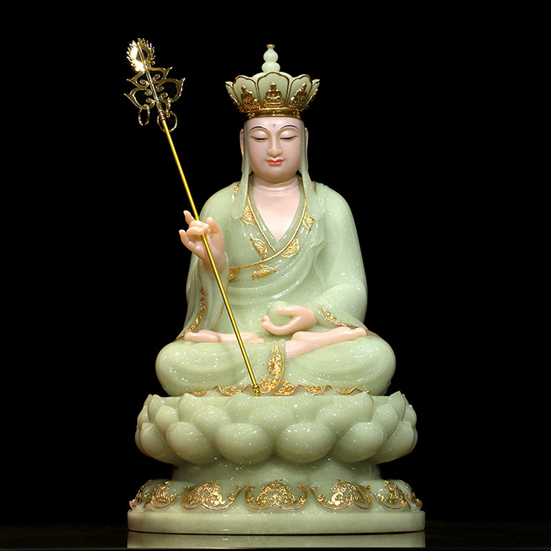 娑婆三圣坐像 汉白玉佛像 翠玉镶金观音菩萨地藏王释迦牟尼佛摆件