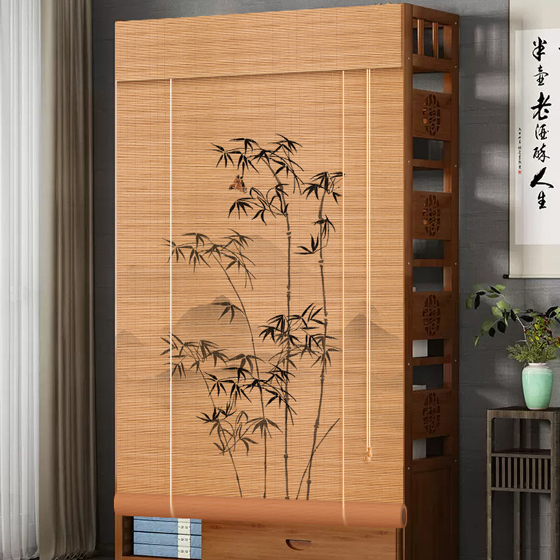 书架遮挡帘客厅博古架新中式竹帘卷帘防尘屏风玄关背景装饰挂帘子
