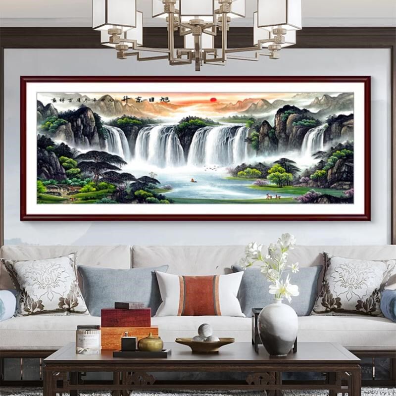 新中式客厅长幅装饰画实木山水风景画办公室聚宝盆锦缎装裱挂画
