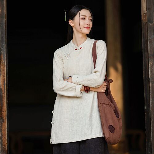 新中式上衣女2024新款复古斜襟盘扣禅修服国风唐装居式服长袖茶服