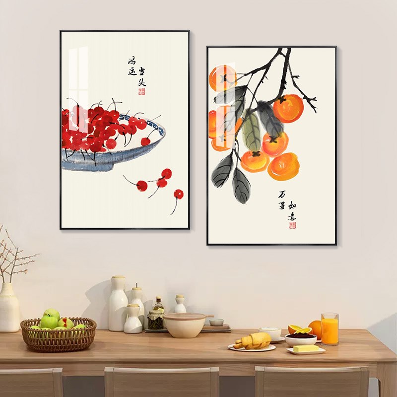 新中式餐厅装饰画二联客厅沙发背景墙挂画饭厅包厢厨房寓意好壁画