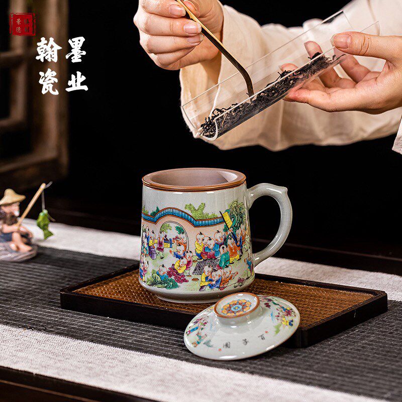 景德镇陶瓷老陶泥粉彩百子图办公杯带盖单个茶水分离杯大容量水杯