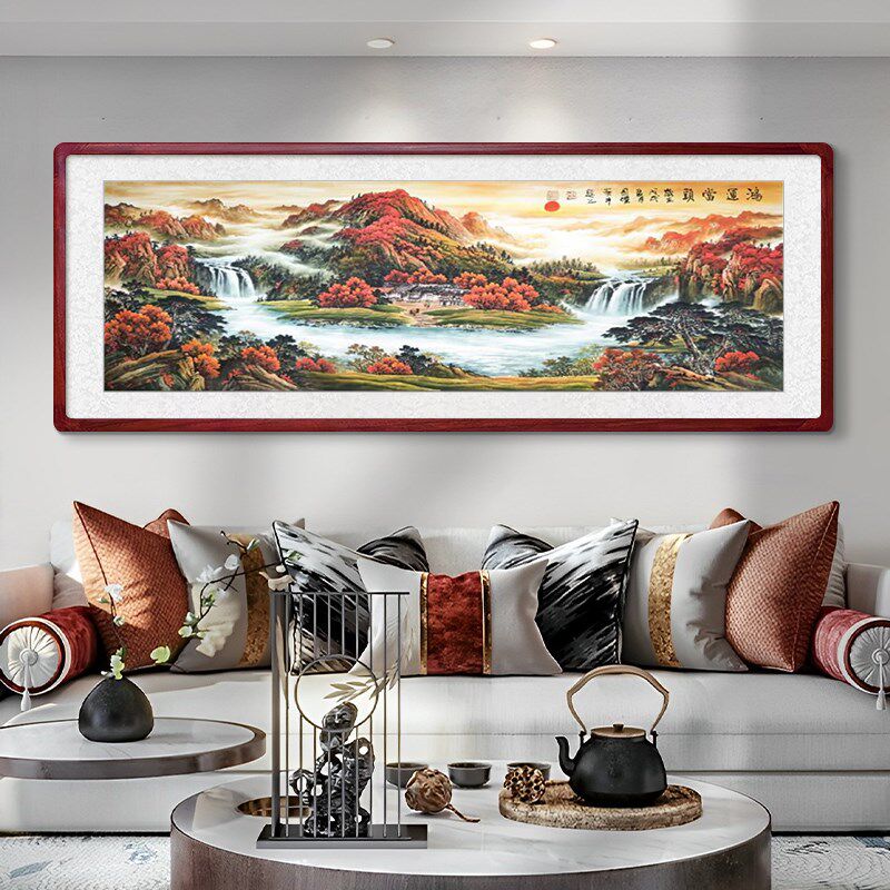 手绘聚宝盆山水画客厅挂画旭日东升办公室沙发背景墙装饰画靠山图