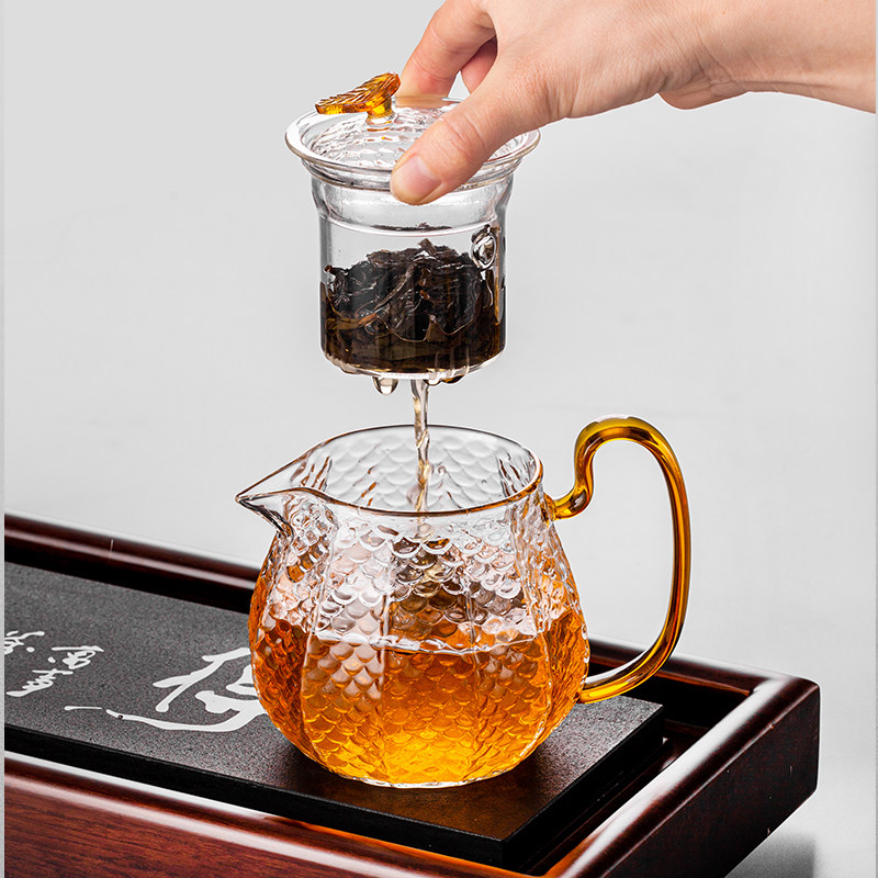 家用耐热玻璃功夫茶具套装过滤花茶壶茶杯竹托盘茶盘整套泡茶器