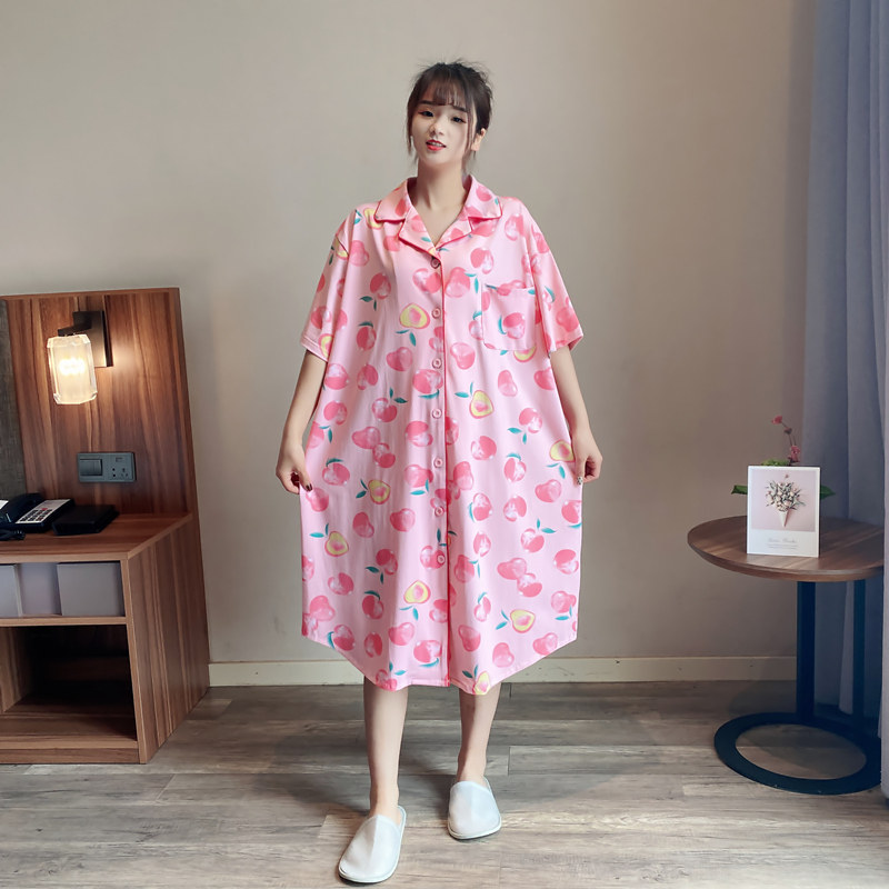 水蜜桃开衫针织棉短袖睡裙女夏可爱甜美大码胖mm200斤孕妇家居服