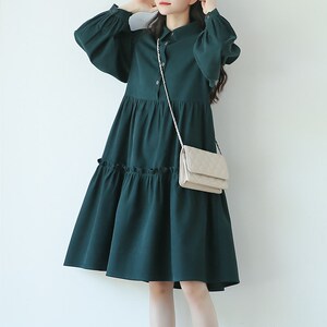 suin2024春秋新款文艺学院风宽松大码系带绿色衬衫领长袖连衣裙女