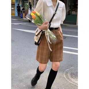 大碗plus定制大码女装肥妹妹mm咖色格子短裤夏季宽松显瘦五分裤