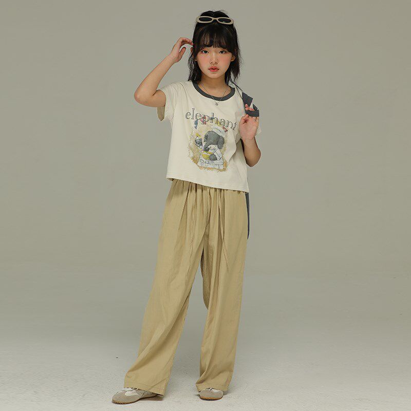 小女森女童夏季垂感清爽卡其色休闲裤中大童薄款高腰阔腿防嗮长裤