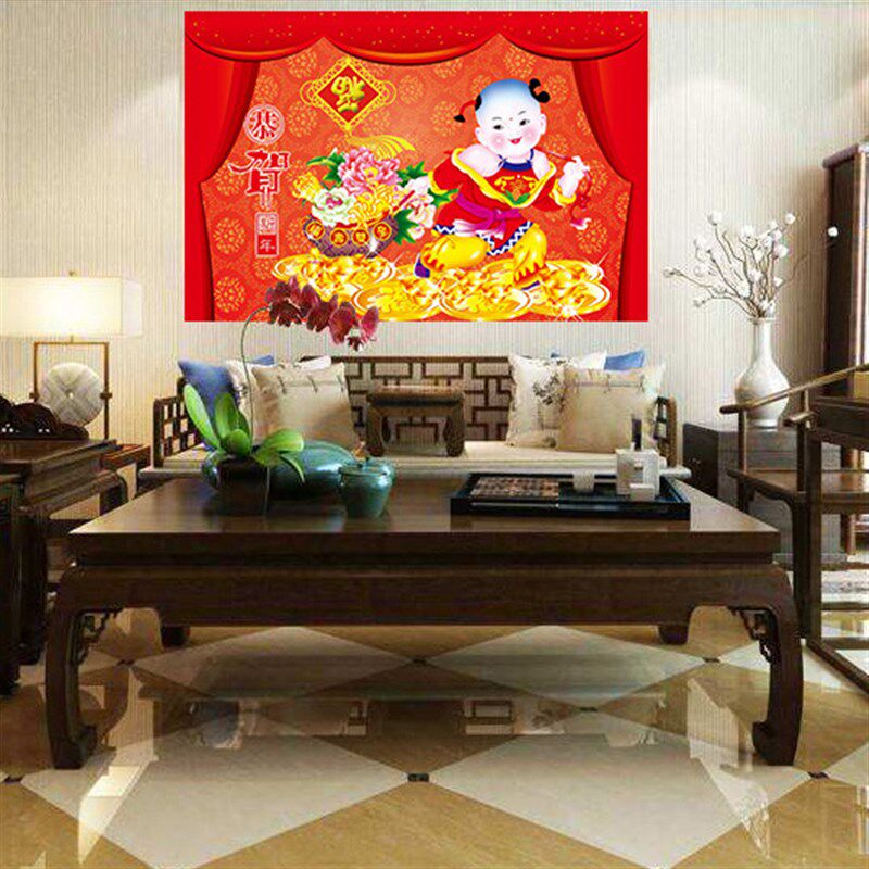新年春节喜庆墙贴壁画贴纸壁纸自粘墙纸大吉福财神到年画客厅背景