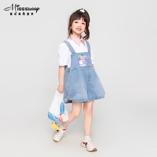 大象魔术师浅蓝色女童背带裤子2024夏季新款宽松阔腿牛仔短裤薄款