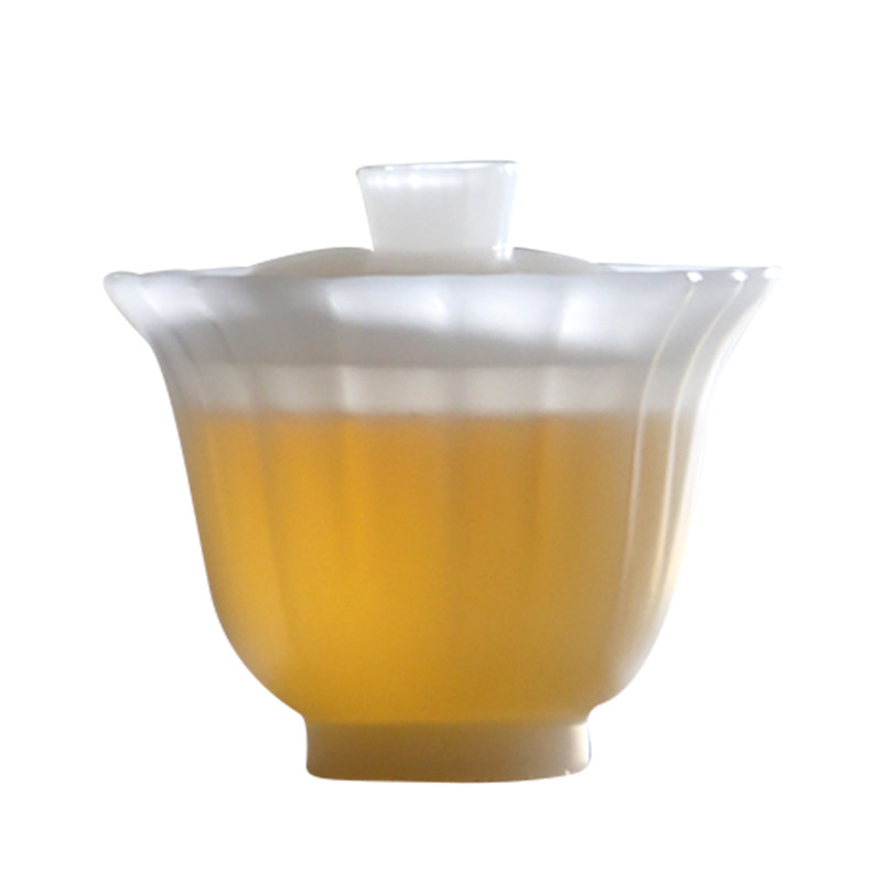 闲梦江南 琉璃盖碗葵口菱花白玉透明色功夫茶具人文茶席古法工艺