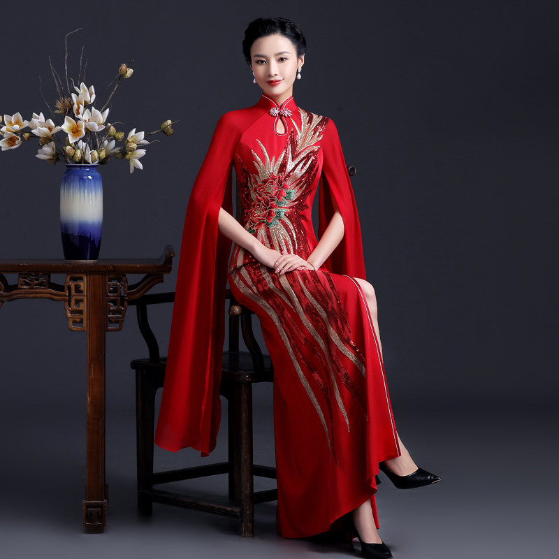中国风舞台古筝水袖演出服显瘦鱼尾高开叉旗袍连衣裙年会走秀礼服