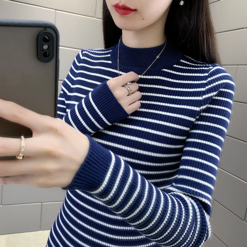 洋气加厚条纹毛衣女士半高领针织衫弹力修身时尚上衣秋冬打底衫女