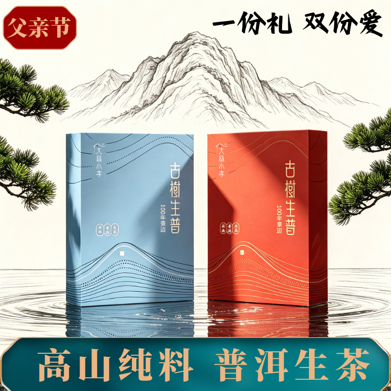 父亲节普洱生茶红蓝礼盒套装