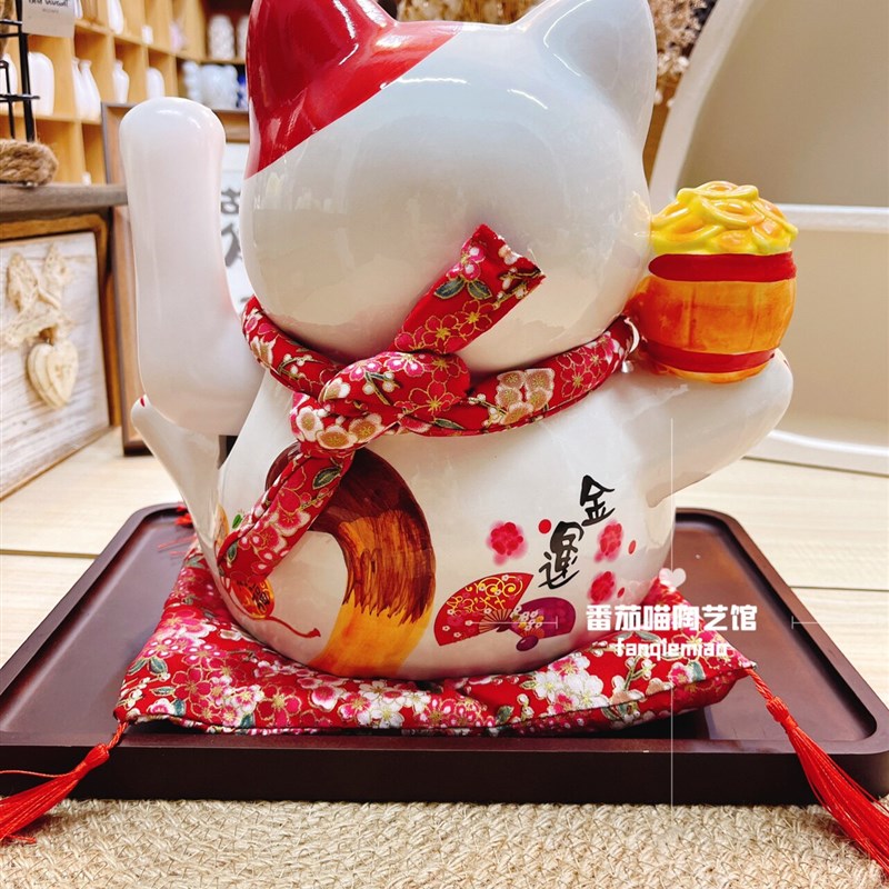 陶瓷釉下彩招财猫摆件电动手摇11寸大号陶瓷摆件送礼礼物开业店庆