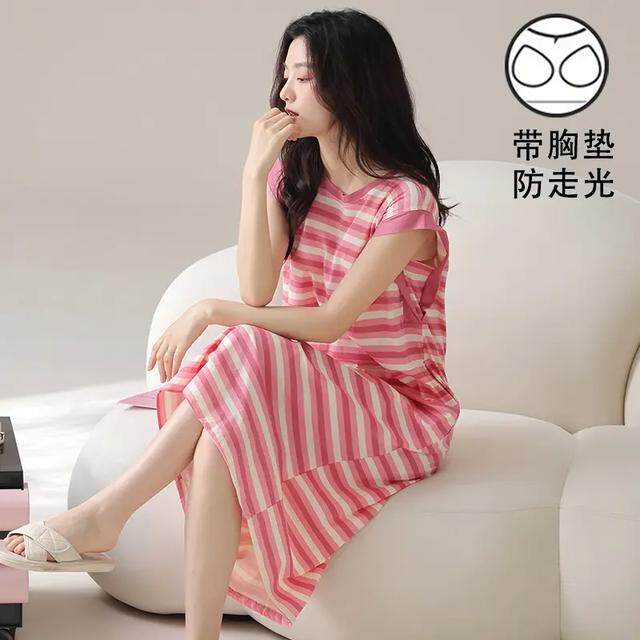 2025夏季新款睡裙女带胸垫坎肩无袖薄款甜美网红爆款条纹家居服