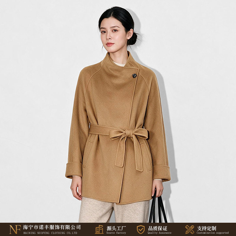 双面大衣女短款 立领斜门襟红色系带收腰羊毛大衣小个子毛呢外套
