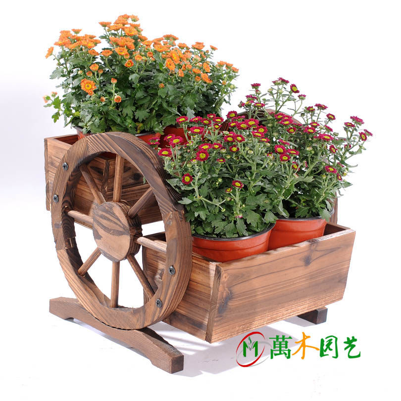 车轮花盆防腐木花车花架双层花槽碳化木花箱长方形 阳台复古户外