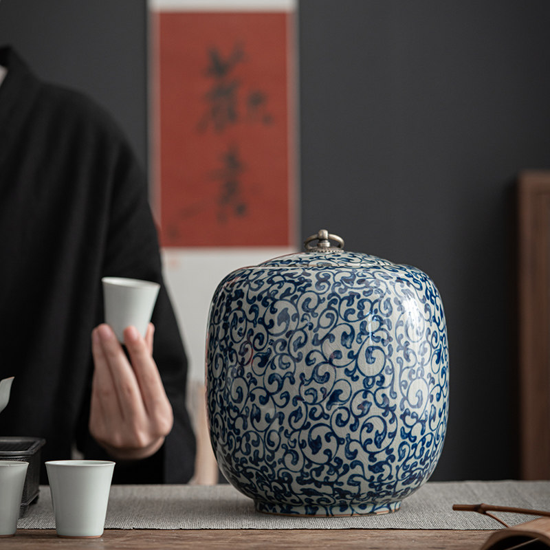 青花茶叶罐陶瓷大号5斤装家用普洱红茶防潮密封醒茶罐通用