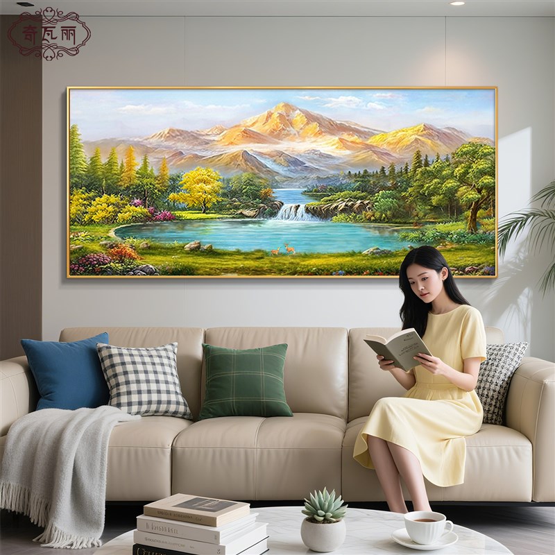 聚宝盆手绘油画客厅挂画西墙聚财沙发背景墙装饰画轻奢高级感壁画