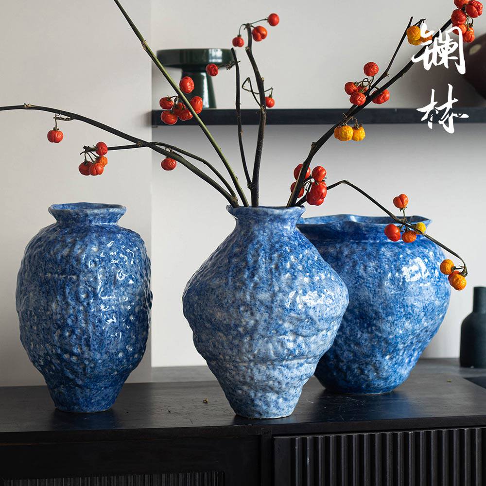 侘寂风锤纹鲜花水培两用陶瓷复古台面花瓶手工禅意粗陶罐蓝色妖姬
