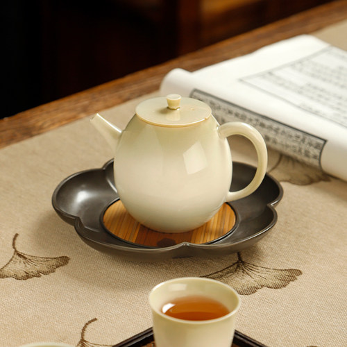 中式云妃竹制干泡台合金莲花壶承小型茶盘功夫茶壶底座复古小茶台
