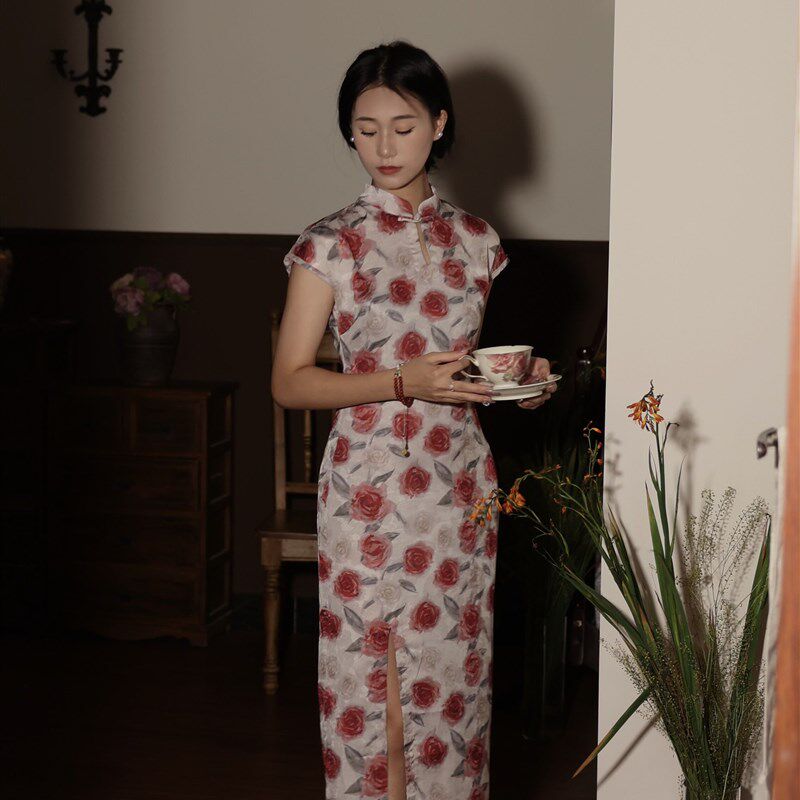 喵吉新中式国风修身收腰日常改良旗袍裙小个子长款碎花连衣裙女夏