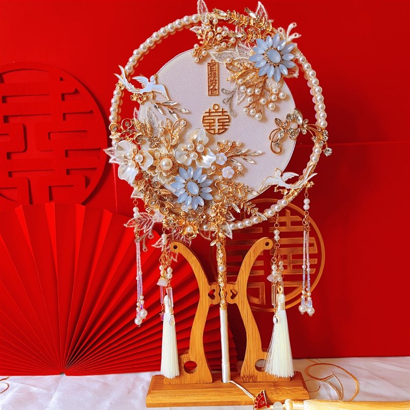 中式红金双面双圈团扇diy材料包成品新娘结婚龙凤秀禾服手捧花束