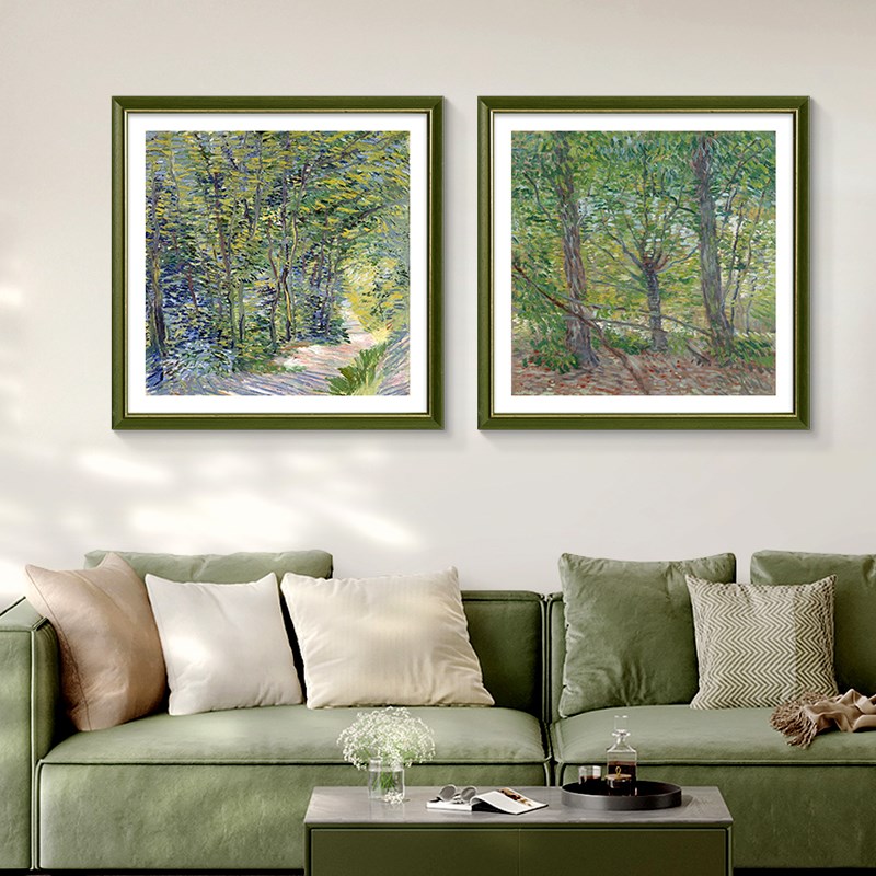 莫奈奶油风餐厅装饰画油画法式饭厅背景墙挂画高档绿色系风景壁画