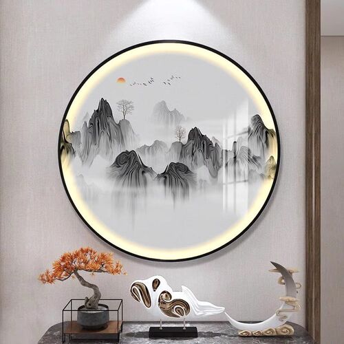壁灯新中式玄关高端装饰画山水禅意茶室挂画LED发光灯画圆形壁画