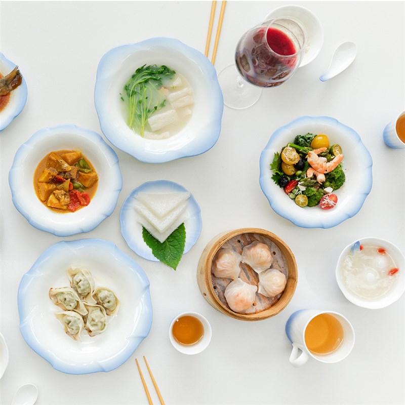 椋木蓝染花口餐具中式骨瓷鱼盘饭碗西餐盘碗盘小碟子套装家用小众
