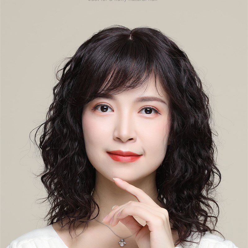 港风复古假发时尚透气轻薄卷发真发复古假发片女头顶补发块遮白发